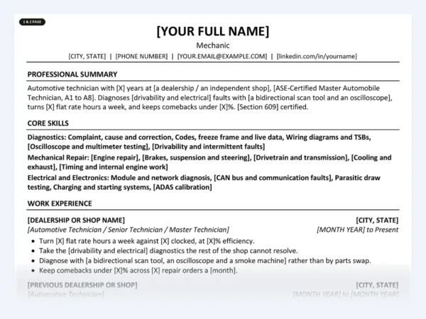 Mechanic resume template, one page, ATS-friendly layout