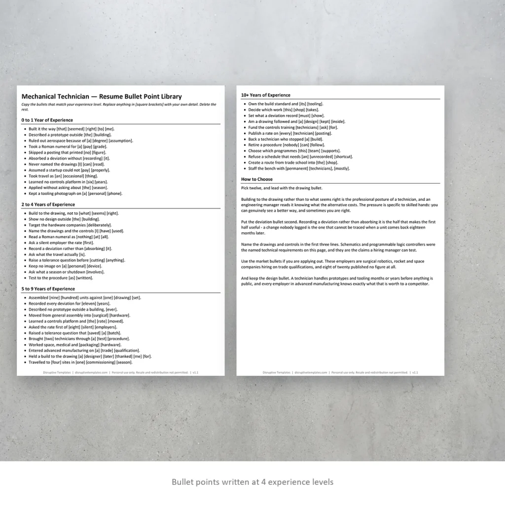 Mechanical Technician resume bullet points written at four experience levels