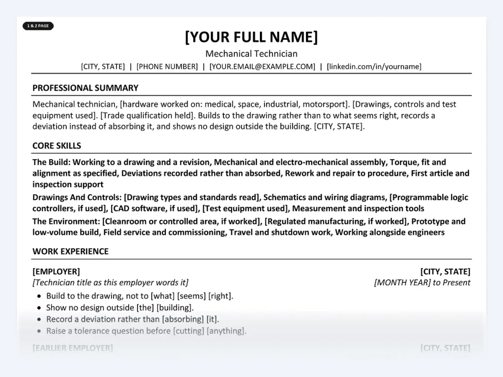 Mechanical Technician resume template, one page, ATS-friendly layout