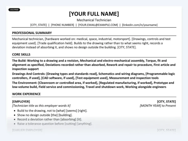 Mechanical Technician resume template, one page, ATS-friendly layout