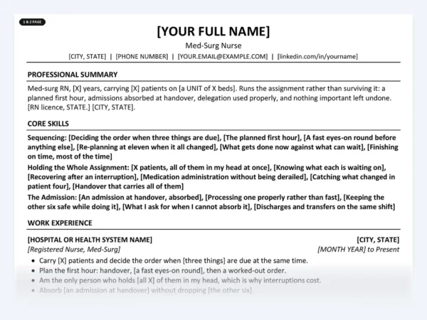 Med-Surg Nurse resume template, one page, ATS-friendly layout