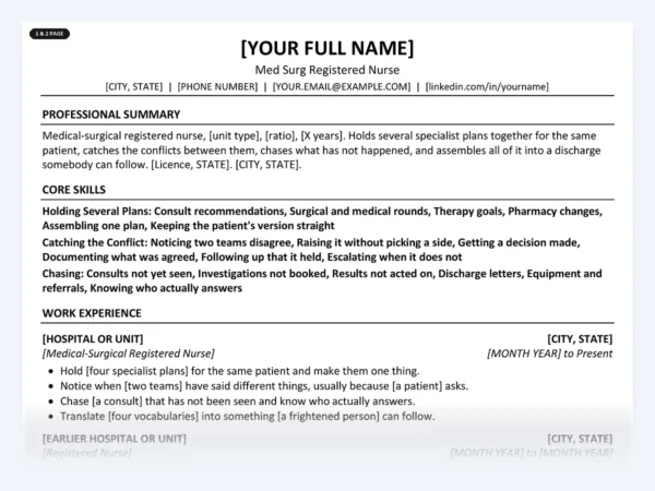 Med Surg Registered Nurse resume template, one page, ATS-friendly layout