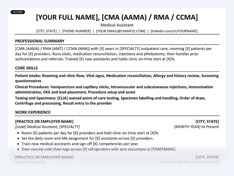 One-page medical assistant resume template from the Disruptive Templates medical assistant kit