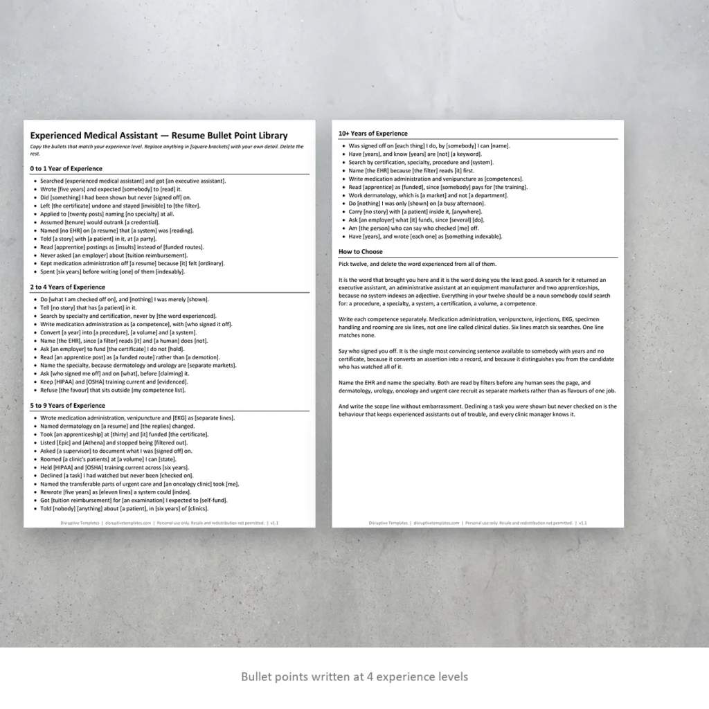 Experienced Medical Assistant resume bullet points written at four experience levels