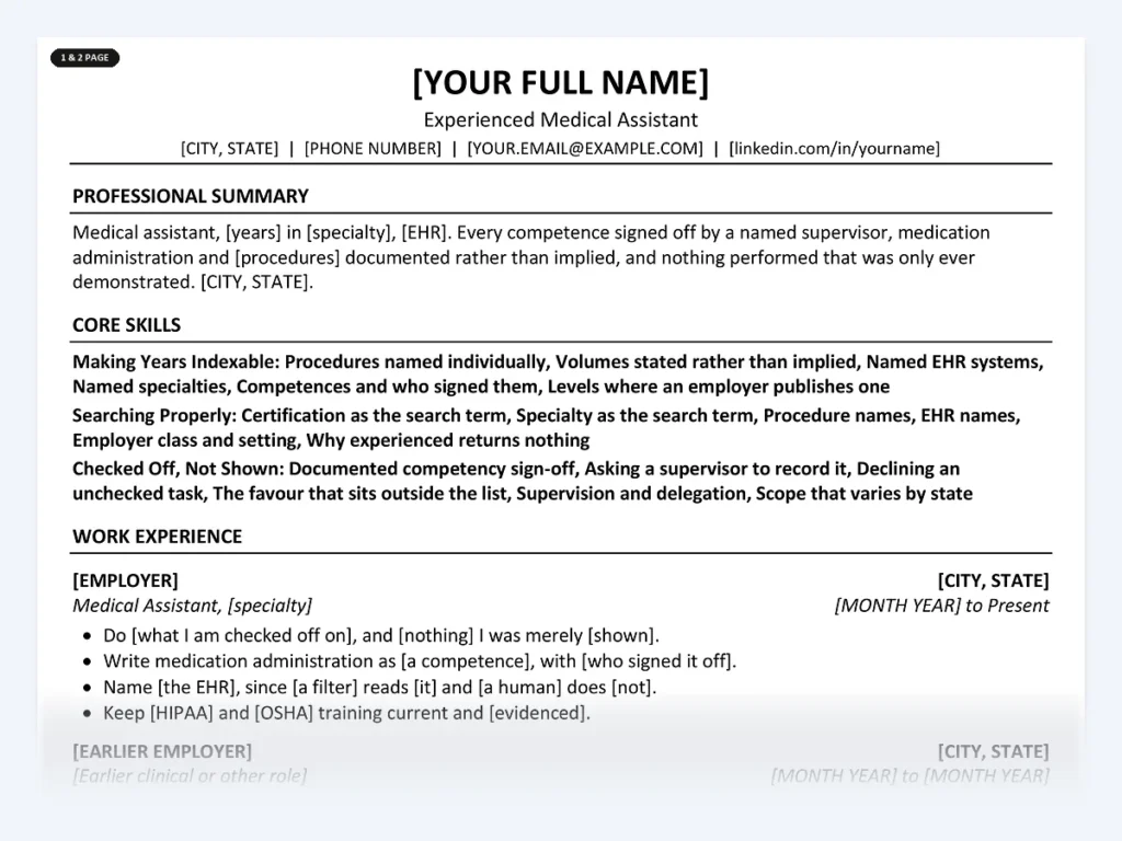 Experienced Medical Assistant resume template, one page, ATS-friendly layout