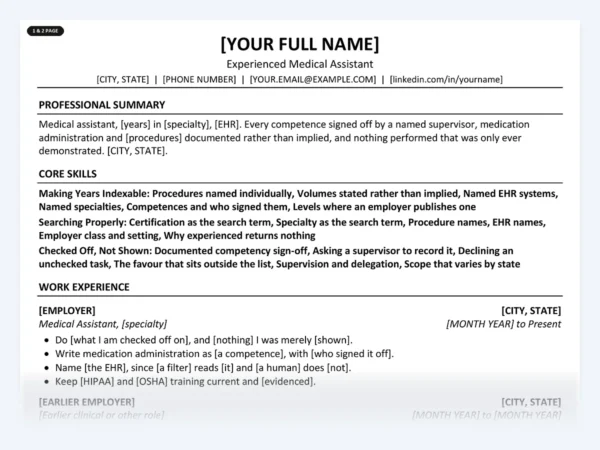 Experienced Medical Assistant resume template, one page, ATS-friendly layout