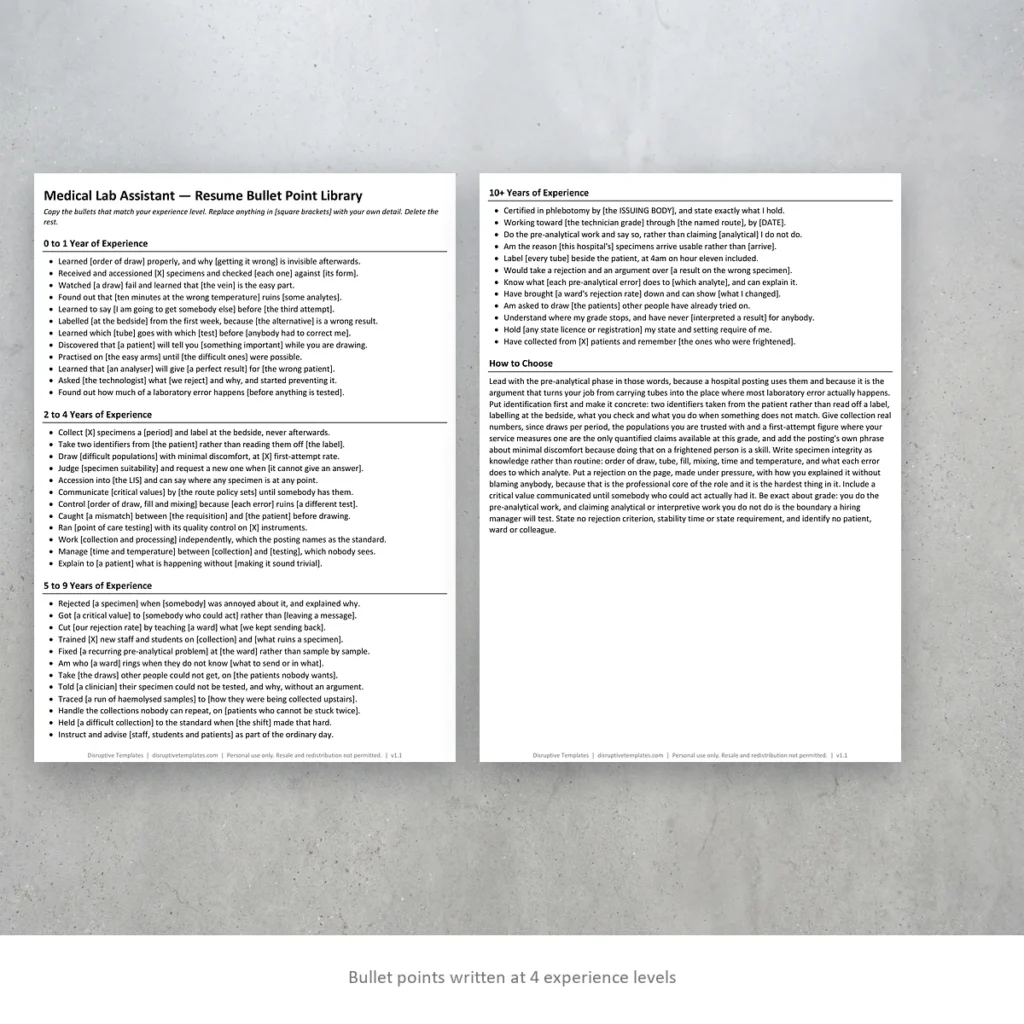 Medical Lab Assistant resume bullet points written at four experience levels