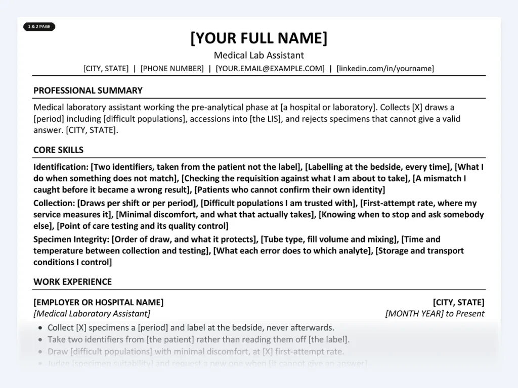 Medical Lab Assistant resume template, one page, ATS-friendly layout