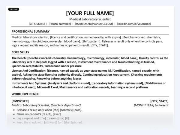 Medical Laboratory Scientist resume template, one page, ATS-friendly layout