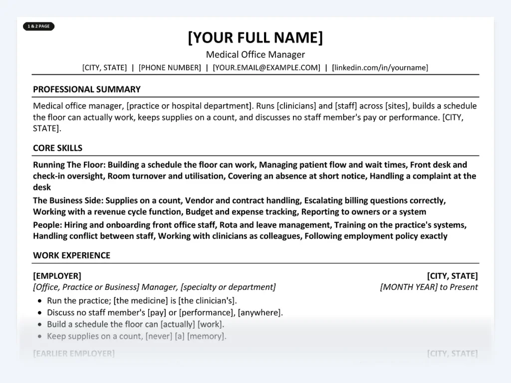 Medical Office Manager resume template, one page, ATS-friendly layout