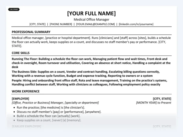 Medical Office Manager resume template, one page, ATS-friendly layout