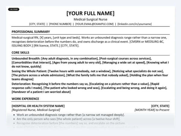 Medical-Surgical Nurse resume template, one page, ATS-friendly layout