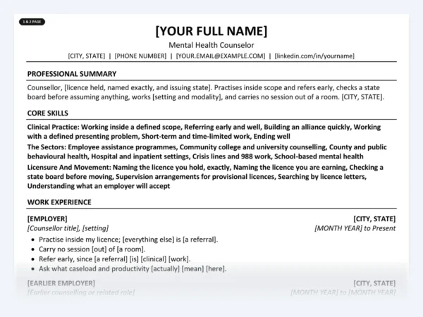 Mental Health Counselor resume template, one page, ATS-friendly layout