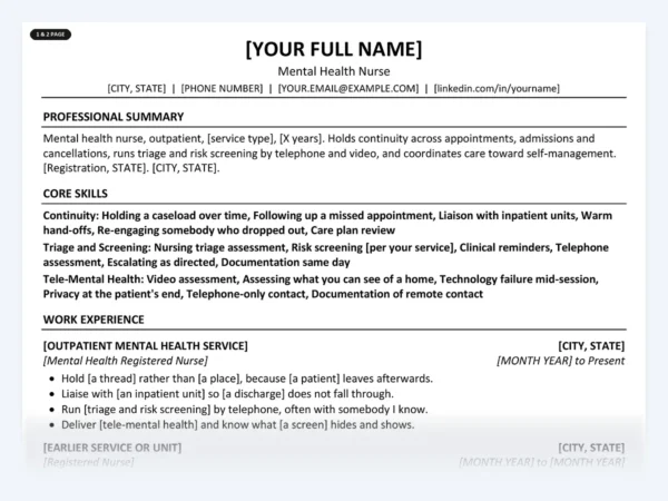Mental Health Nurse resume template, one page, ATS-friendly layout
