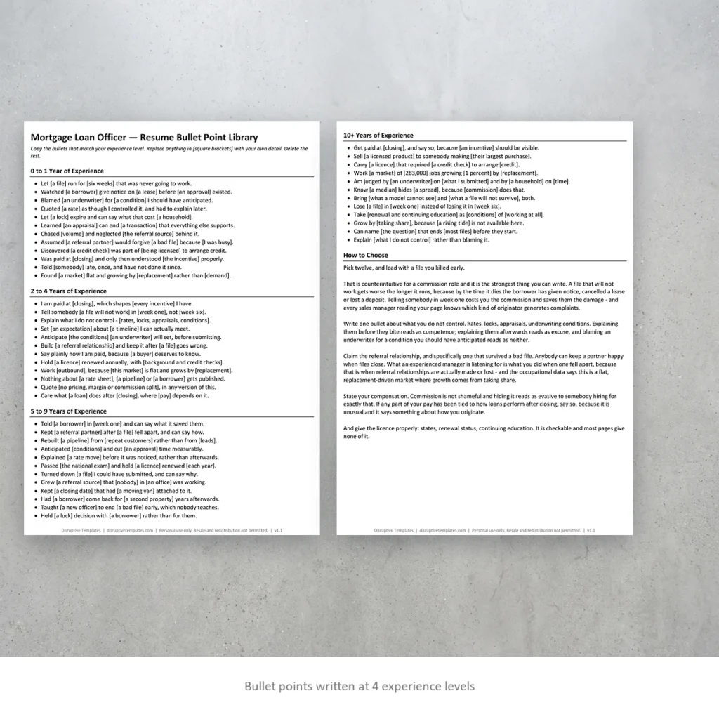 Mortgage Loan Officer resume bullet points written at four experience levels