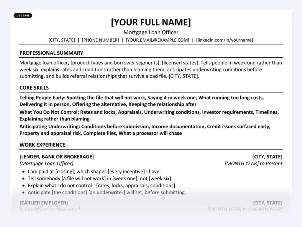Mortgage Loan Officer resume template, one page, ATS-friendly layout