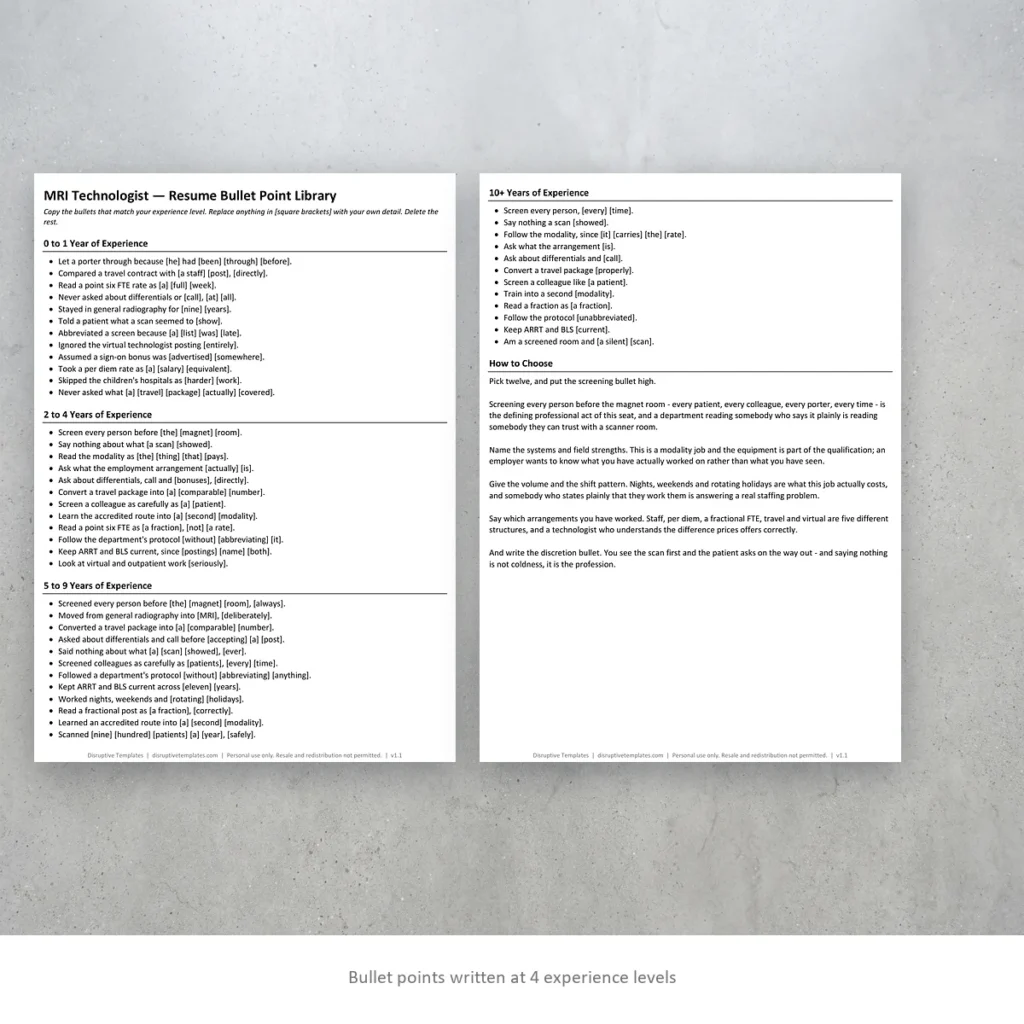 MRI Technologist resume bullet points written at four experience levels