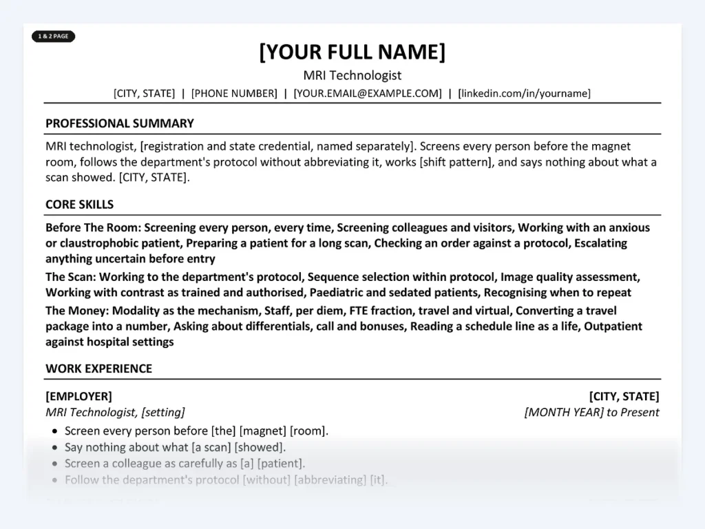 MRI Technologist resume template, one page, ATS-friendly layout