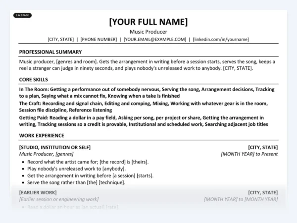 Music Producer resume template, one page, ATS-friendly layout