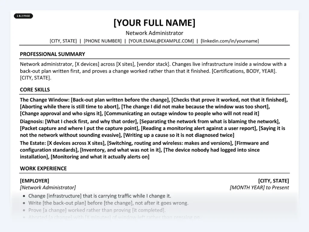 Network Administrator resume template, one page, ATS-friendly layout