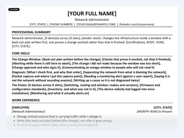 Network Administrator resume template, one page, ATS-friendly layout