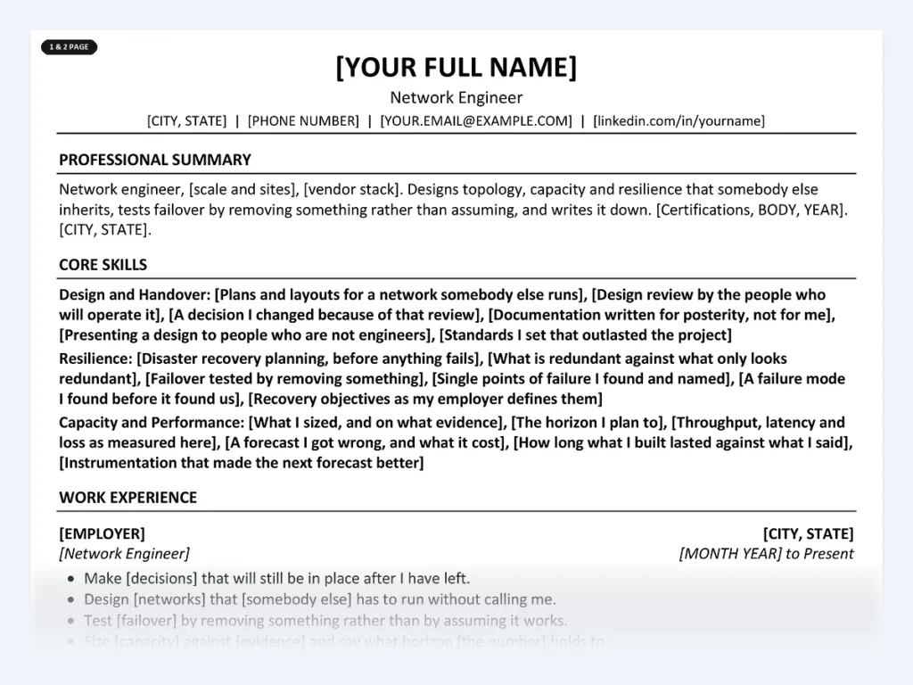 Network Engineer resume template, one page, ATS-friendly layout