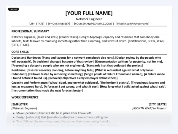 Network Engineer resume template, one page, ATS-friendly layout