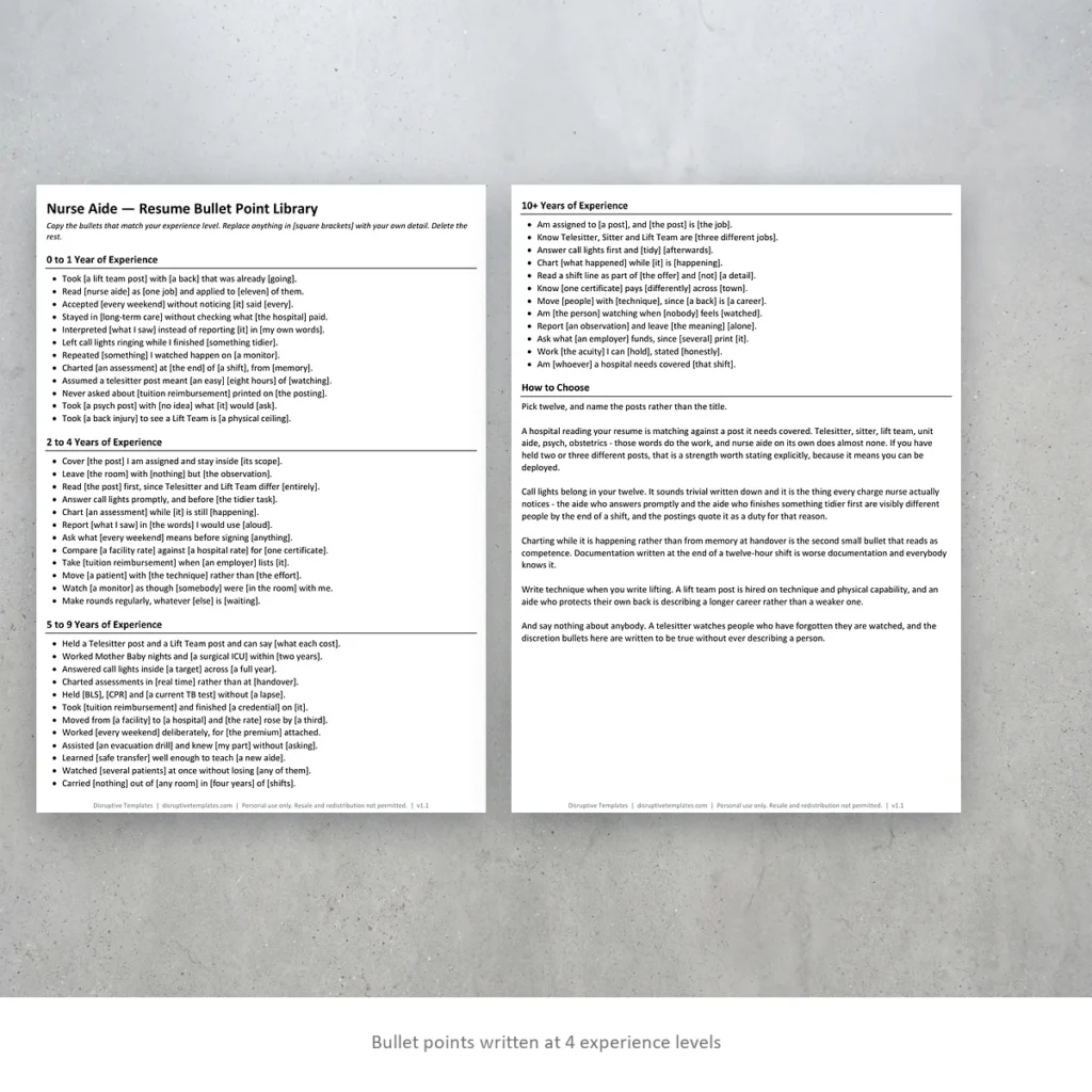Nurse Aide resume bullet points written at four experience levels