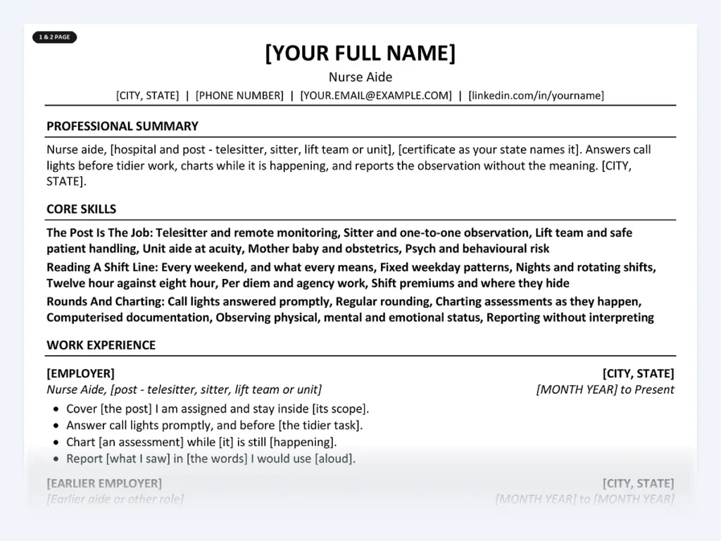 Nurse Aide resume template, one page, ATS-friendly layout