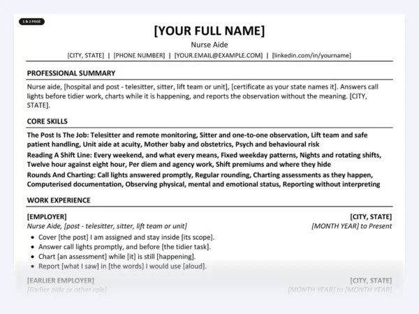 Nurse Aide resume template, one page, ATS-friendly layout