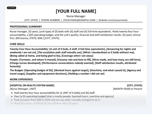 Nurse Manager resume template, one page, ATS-friendly layout