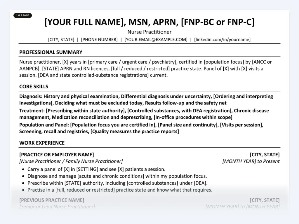 Nurse Practitioner resume template, one page, ATS-friendly layout