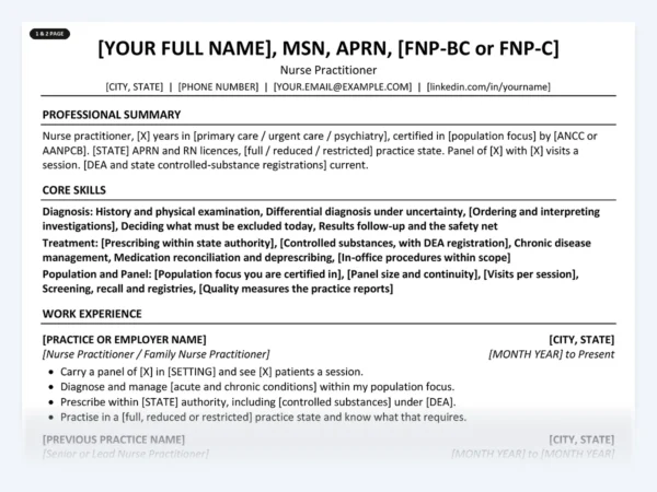 Nurse Practitioner resume template, one page, ATS-friendly layout