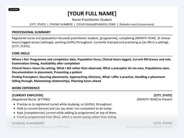 Nurse Practitioner Student resume template, one page, ATS-friendly layout