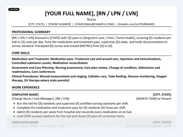 Nurse resume template, one page, ATS-friendly layout