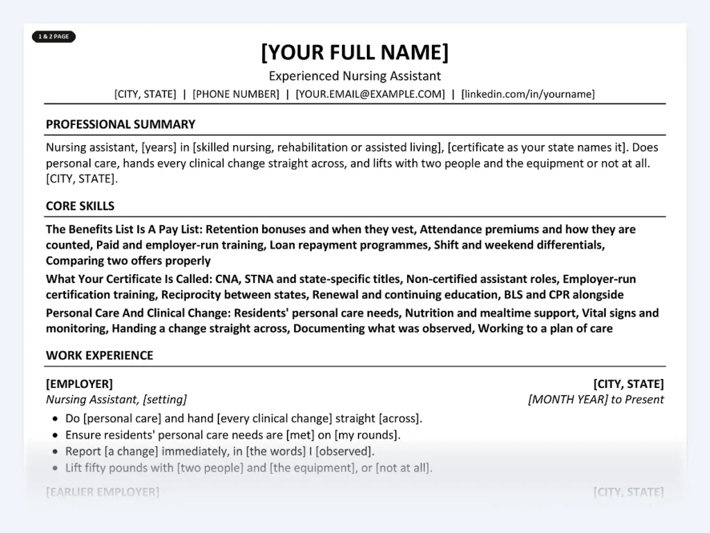 One-page resume template from the Disruptive Templates nursing assistant with experience kit