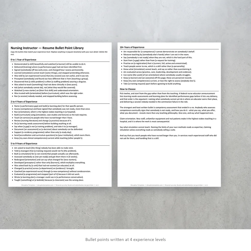 Nursing Instructor resume bullet points written at four experience levels