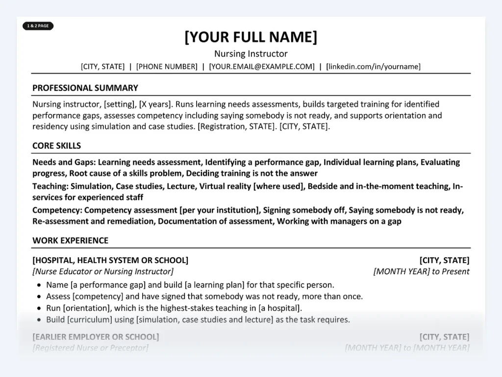 Nursing Instructor resume template, one page, ATS-friendly layout