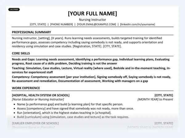 Nursing Instructor resume template, one page, ATS-friendly layout