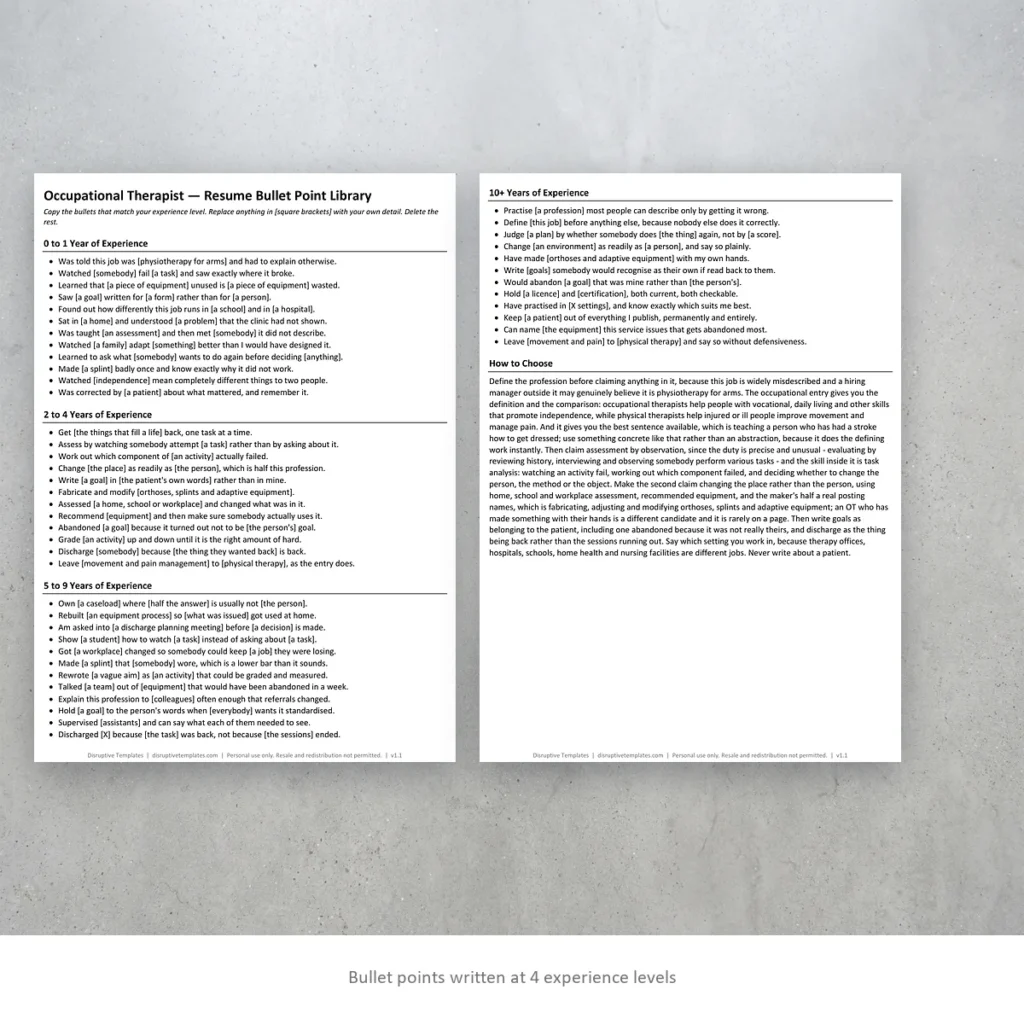 Occupational Therapist resume bullet points written at four experience levels