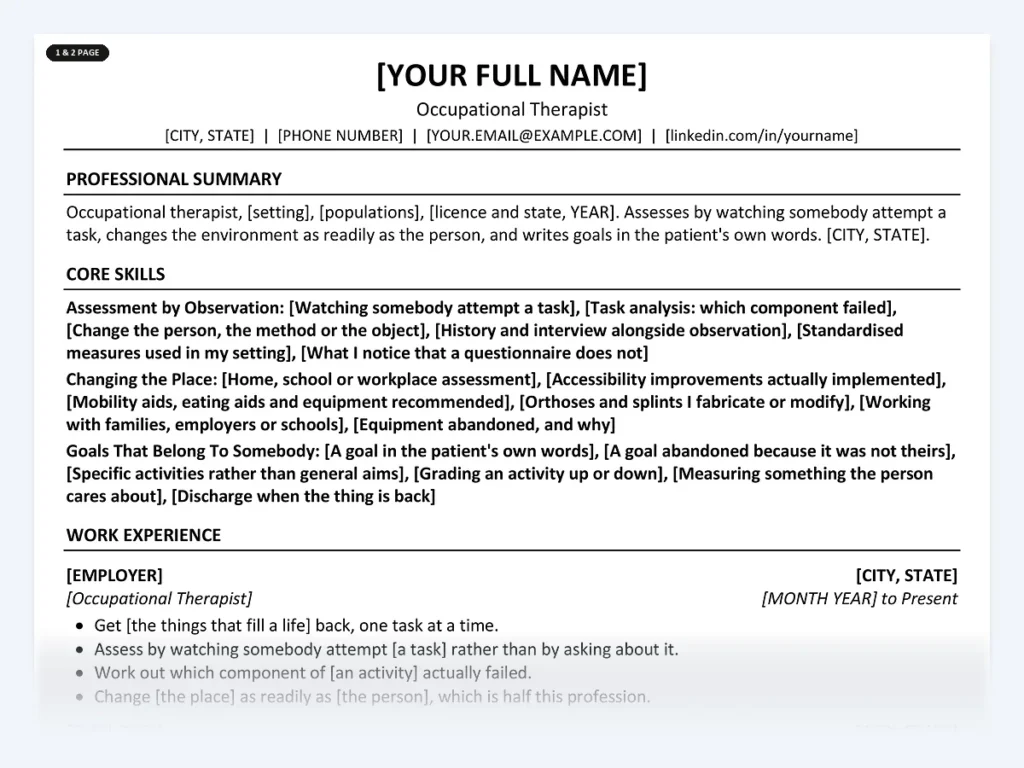 Occupational Therapist resume template, one page, ATS-friendly layout