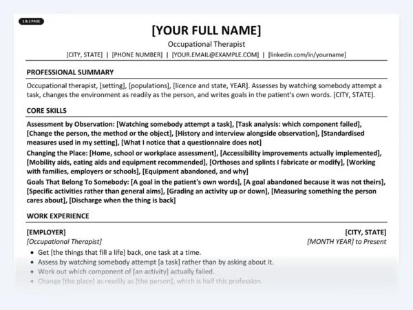 Occupational Therapist resume template, one page, ATS-friendly layout