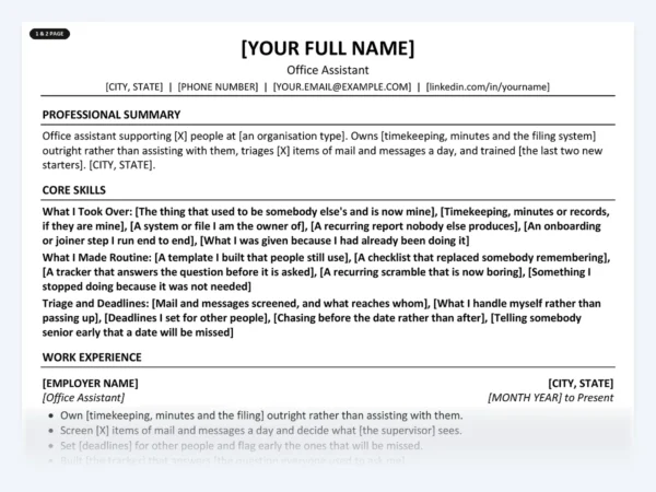 Office Assistant resume template, one page, ATS-friendly layout