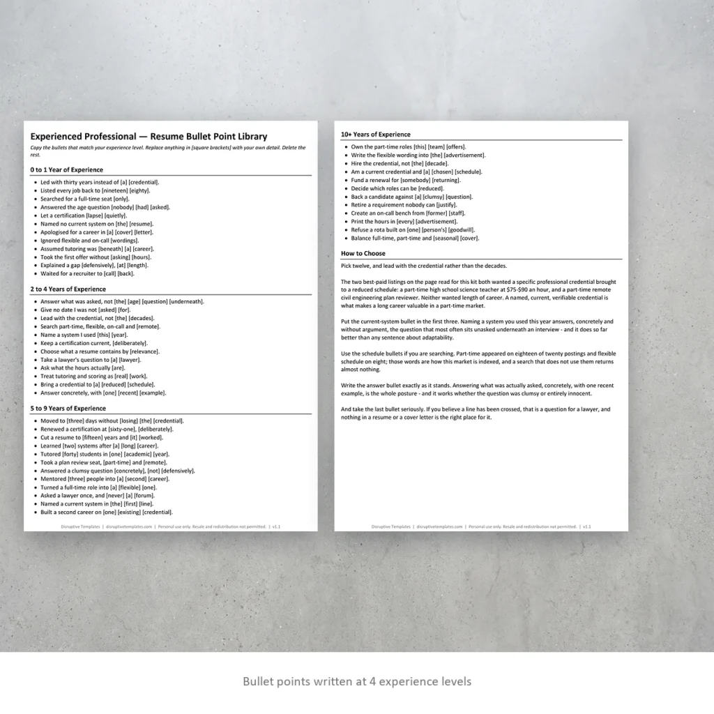 Experienced Professional resume bullet points written at four experience levels