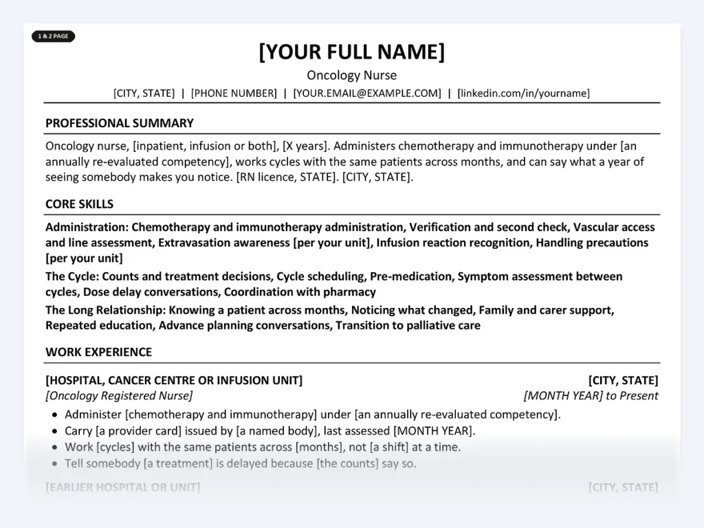 Oncology Nurse resume template, one page, ATS-friendly layout