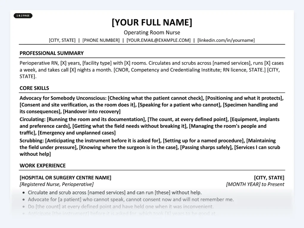 Operating Room Nurse resume template, one page, ATS-friendly layout