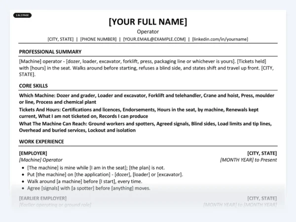 Operator resume template, one page, ATS-friendly layout