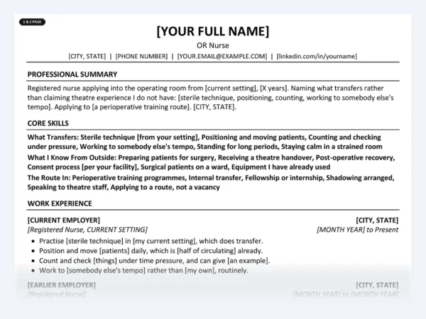 OR Nurse resume template, one page, ATS-friendly layout