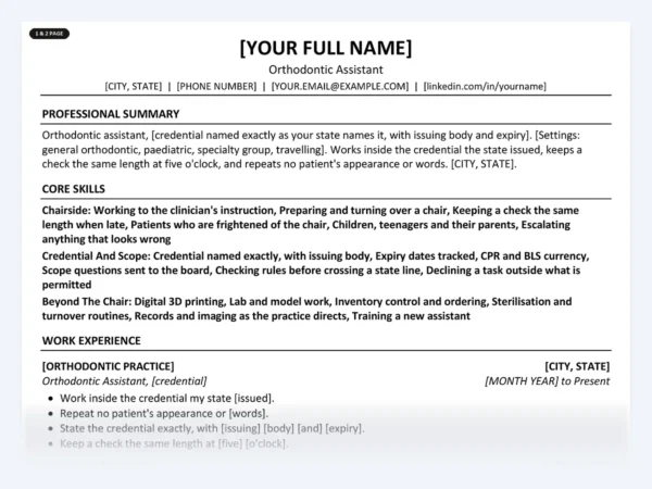 Orthodontic Assistant resume template, one page, ATS-friendly layout