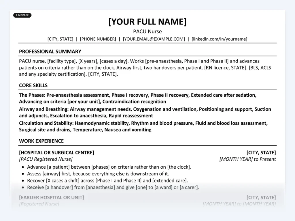 PACU Nurse resume template, one page, ATS-friendly layout